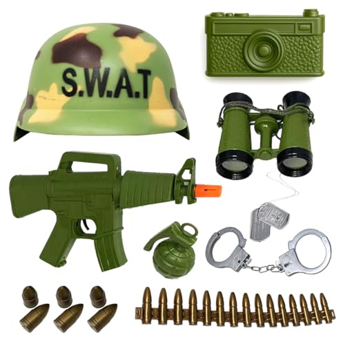 Toyana Kids Army Costume Set with Helmet, Military Soldier Role Play Toy Gun, Binoculars, Camera & Grenades, SWAT Police Fancy Dress Accessories Gift for Boys & Girls Age 3+ Years