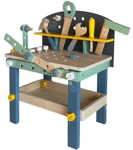 Holz-Werkbank für Kinder mit Zubehör – Montessori-Lernspiel mit Hammer, Schraubenzieher, Säge, Schrauben und Muttern – Aktivitätsbank zur Förderung von Geschicklichkeit und Kreativität (Alter 36M+)