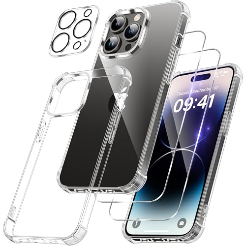 FLLAO 4 en 1 Funda para iPhone 14 Pro MAX con 2 Protector Pantalla y 1 Protector Lente Cámara, [Almohadilla de Aire integrada] Antigolpes Antiarañazos Carcasa 6,7 Pulgadas, Transparente
