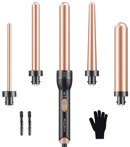 Ferro Arricciacapelli, 5 in 1 Set Arricciacapelli con Diversi Attacchi per ricci grandi e piccoli, Piastra per Onde in Ceramica 9-32mm Riscaldamento Rapido Temperature Regolabili