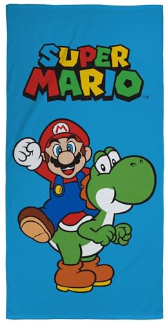 OMYDREAM Super Mario Yoshi Drap de Plage Enfant | 100% Coton | Oeko-TEX | 70x120 cm | Velours Ultra-Doux | Bain et Plage | Imprimé Garçon (Bleu)