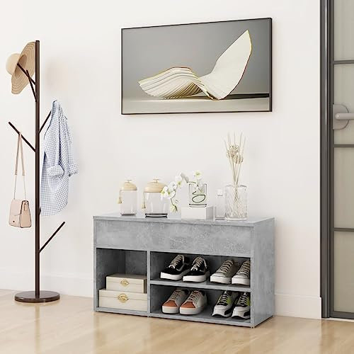 GeenYuu Scarpiera in legno grigio cemento, con vano portaoggetti, 80 x 30 x 45 cm, scarpiera con 2 ripiani, scomparto e baule per corridoio, ingresso, ordine e seduta