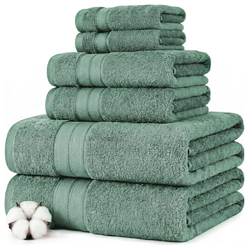 Modern Threads - Spun Loft 6-Piece 100% Combed Cotton Towel Set - Bath Towels, Hand Towels, & Washcloths - Super Absorbent & Quick Dry - 600 GSM - Soft & Plush, Eucalyptus