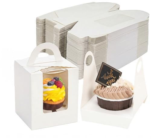 Jucoan 100 Pack Individual Cupcake Boxes with Insert, Window & Handle