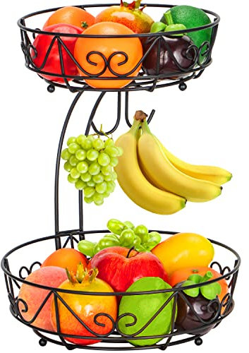 Mutool 2-Tier Metal Fruit Bowl & Rack - Keeps Fruits & Vegs Fresh with Banana Hanger (Black)