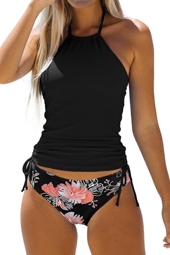 Beachsissi Women's Bathing Suit Drawstring Side Halter Neck Tankini Set, Floral, M