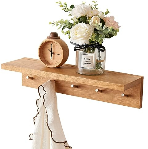 TREOAKWIS Flytande hylla i massiv ek med krokar, väggmonterad displayhylla rockkrokar för sovrum, vardagsrum, badrum, kontor, tvättstuga (50 cm)