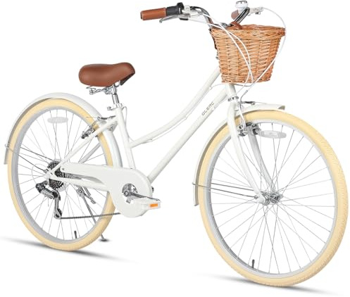 Glerc Missy 26 inch Girl Cruiser Youth Teen Woman Bike 6-Speed Teen Hybrid City Bicycle for Youth Ages 14 15 16 17 18 19 20 Years Old with Wicker Basket & Lightweight,White