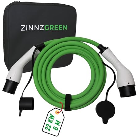 ZINNZGREEN Typ2 Ladekabel 22kW & 32A für Elektroauto und Hybrid - 6m, Dreiphasen Ladekabel Typ2 auf Typ2 - IP54 Wasserdicht und Staubdicht, TÜV, E-Autoladekabel für Wallbox - mit Tragetasche