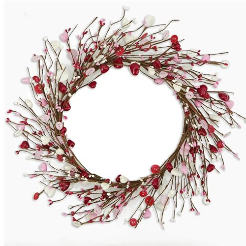 AMF0RESJ Valentine's Day Wreath Pink Heart Shaped Berry Wreath with Heart Berry,Wooden Button for Indoor Outdoor Wedding Anniversary Party Home Wall Window Festival Decor