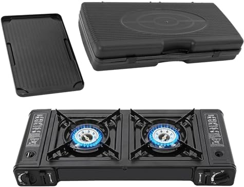 hornillo de camping de 2 fuegos + bandeja de barbacoa + maletín de almacenamiento, hornillo portátil con encendido piezoeléctrico, para exterior e interior