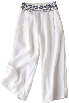 ParfCO Pantalon Femme Chic et Elegant,Pantalon Court en Lin pour Femme Été Nouvelle Broderie Chinoise Taille Élastique Pantalon Droit Décontracté Pantalon Palazzo Ample avec Poches Couleur Unie
