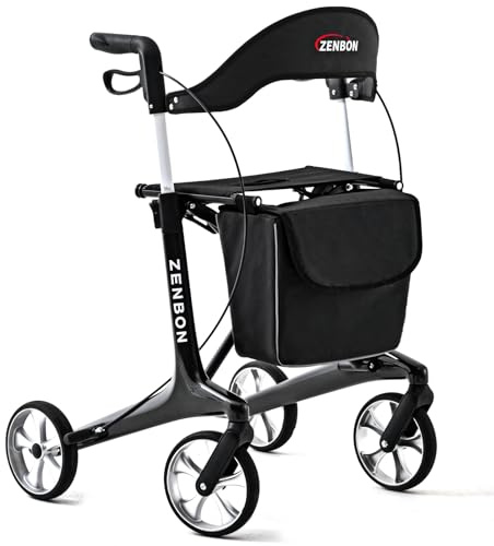 Carbon Ultralight Rollator Klappbar 5,5 kg: Rollator Faltbar und Leicht mit Sitz Wohnungsrollator Faltbarer für Senioren - Premium Gehhilfe Rollatoren für Kofferraum Reise und Flug (Schwarz)
