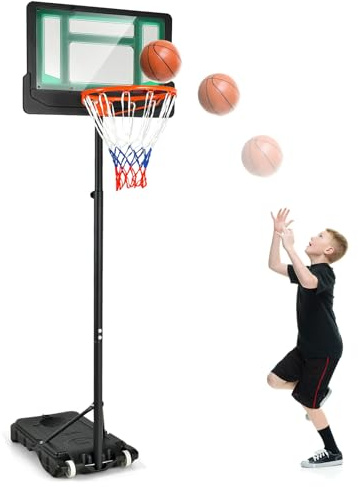 COSTWAY Canestro Basket da Interno ed Esterno Portatile e Regolabile in Altezza 90-210cm, Canestro da Basket per Bambini con Ruote, Incavo per Pallone e Tabellone Infrangibile (Verde e nero)