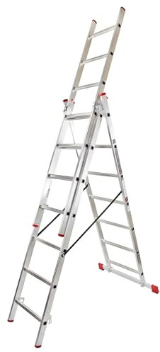 Hillagi 3x7 Mehrzweckleiter, Vielzweckleiter, 3x7 Sprossen, 3-teilige Alu-Kombileiter, bis 150 kg belastbar, max. Arbeitshöhe 4,3 m, Klappleiter, Multifunktionsleiter, Stehleiter, Silber/Rot