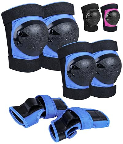 iMoebel Schützer Schonerset 6 in 1 Inliner Protektoren Set Kinder Schutzausrüstung, Verstellbare Knieschoner Ellenbogenschützer Handgelenkschoner für Skaten Fahren Roller Skateboard, Blau M