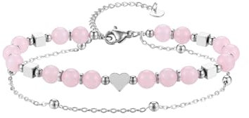 Jovivi Rose Quartz Silver Heart Bracelet for Women Healing Crystal Beaded Layered Dainty Chain Bracelets Womens Gifts for Mum Birthday Presents