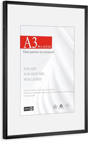 HIMEETIME® 1x Marco de Fotos A3 29.7x42cm Aluminio Metálico Cepillado Negro | Passepartout 21x30cm，Marco Medianon 30x42 Certificados y Diplomas，Solo para Montaje en Pared