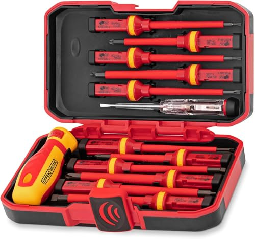 Effektwerk – Set di cacciaviti per elettricisti 13 pezzi – 4 a taglio, 3 Torx, 2 PoziDriv, 2 cacciaviti Phillips con tester di tensione – 1000 V isolati e testati VDE con punte magnetiche