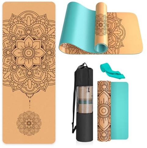 Haninj Cork Yoga Mat Non Slip Unique Design Natural Cork Tpe Material Fitness Exercise Mat with Carry Bag and Strap For Home, Pilates,Aerobic,Gym & Workout 72 X 24 (Turquoise-Mandala)