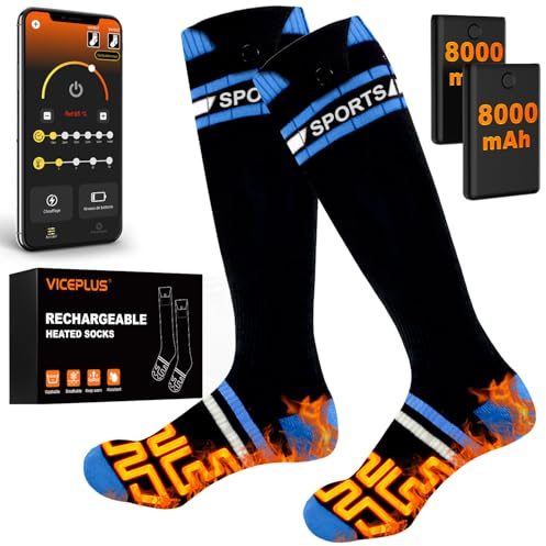 VICEPLUS Chaussettes Chauffantes Homme Femme avec Télécommande APP Chauffe-Pieds,8000mAh Rechargeables Chaussettes Chaudes Electriques,Chauffage360° pour Ski Camping Cyclisme, Noir/Bleu, Taille Unique