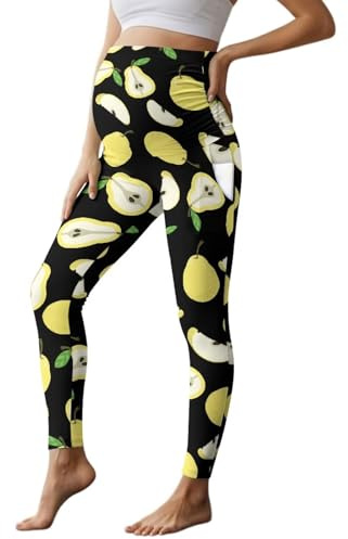 Dserfgiu Pantalones de yoga para embarazo con bolsillos sobre el vientre, ropa deportiva de maternidad, leggings de yoga a prueba de sentadillas, Pera, L