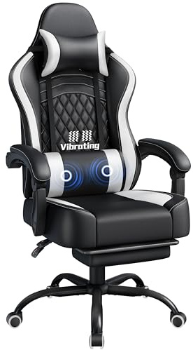 Yaheetech Gamingstol, ergonomisk spelstol med massagefunktion och utdragbart fotstöd, justerbart ryggstöd, justerbar höjd, PC-stol datorstol snurrfåtölj (svart och vit)