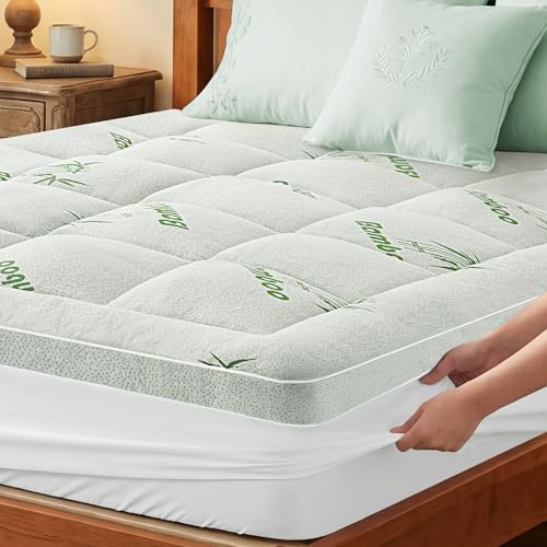 Sobrecolchón de Fibra de Bambú 90x200cm, Topper Colchón 1000g/㎡ | Protector de Colchón Suave, Cubre Colchon Ajustable hasta 40cm, Mattress Topper Transpirable y Lavable a Máquina