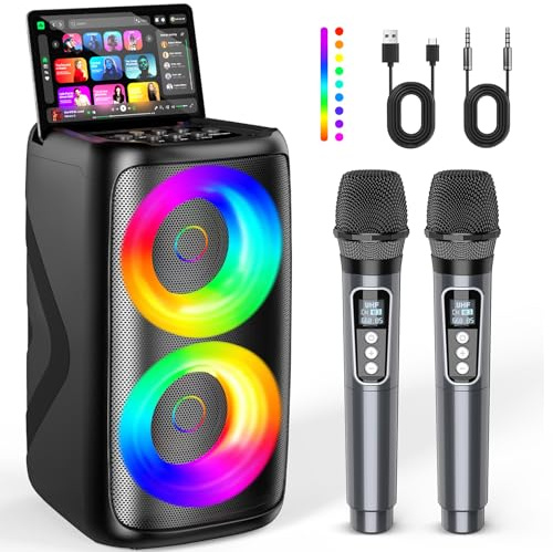 Karaoke Machine for Adults: Portable Bluetooth Speaker with 2 Wireless Karaoke Microphones with LED Lights Birthday Gifts for Party Family Home System Packages Support TWS/TF/USB/AUX