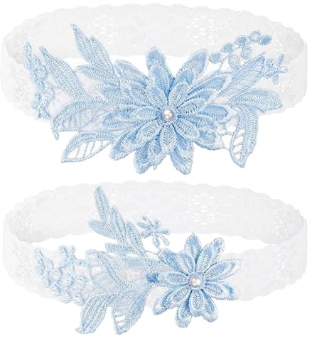 YEAMLTE Ligas para Novias Boda 2 Piezas Novia Liga Nupcial Elástica Ligueros Blanco Beige Azul Ligas de Encaje Floral Accesorios de Boda para Bodas Regalo Fiesta de Disfraces