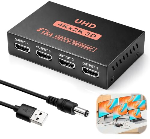 HDMI Splitter 1 in 4 out, HDMI Switch 4K 3D 1080P Splitter HDMI Divisor 1 Entrada 4 Salidas Duplicar Espejo per 4 Monitor Compatible con PS4 PS3 BLU-Ray HDTV DVD DVR Xbox Monitor Proyector