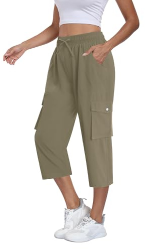 Magritta Women Cropped Trousers Casual Cargo Capri Pants Plus Size Joggers Ladies 3/4 Length Trousers Summer Hiking Pants with Pockets Khaki XX-Large, 22-24