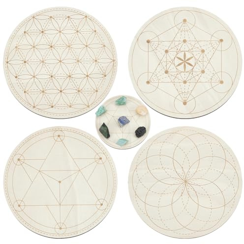 ORIGACH 4 PCS Crystal Grid Board Wooden Geometry Grids Board Divination Boards 5.9Inch Diameter Metatron's Cube Crystal Plate for Witchcraft Wiccan Altar Ritual Sacred Space Decor