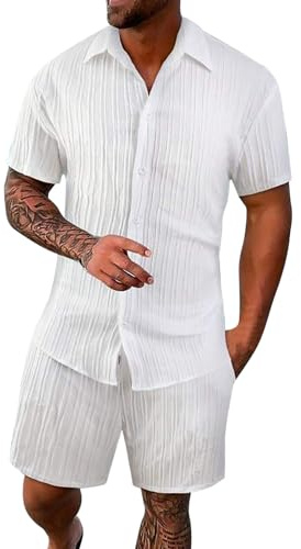 Genérico Conjunto de 2 Piezas Hombre Verano Playa Lino Camisa Manga Corta y Pantalones Cortos Casual Transpirable Fresco Suave Estilo Moda A4