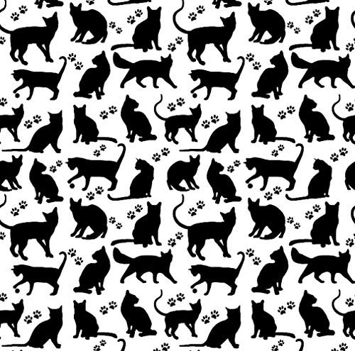 Pingianer 100x160cm Katze 100% Baumwolle Baumwollstoff Kinder Meterware Handwerken Nähen Stoff (Katze Silhouette Weiß Schwarz, 100x160cm (11,99€/m))