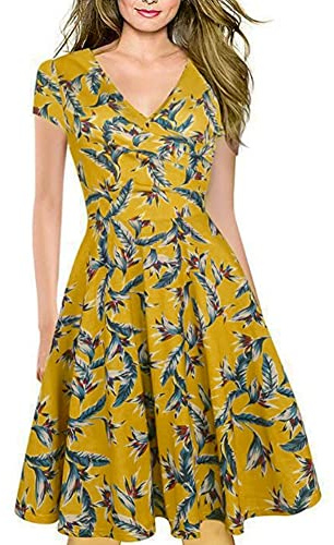 LOVEXIU Abito Donna Elegante Estivo, Vintage Giallo Vestito Chic Boho, Vestito Elegante Midi, Sexy Abbigliamento Donna Estivo, Abiti Scollo a V Sexy per Cocktail Plissettato Fluido, Party, Casual(S)