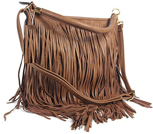 GFM® Schultertasche aus Kunstleder mit weichen Fransen und Quasten, Style 3 - Tan Brown (Tkek), Medium