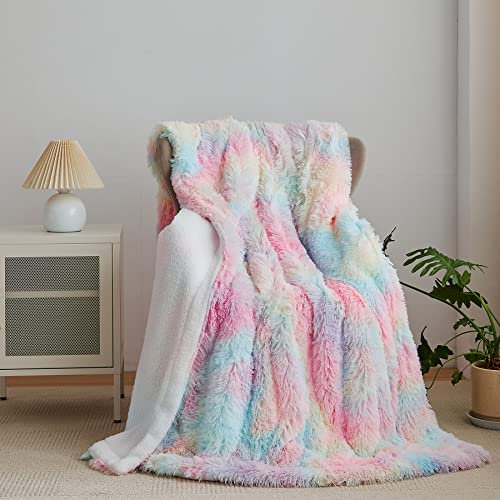 Wajade Kunstfelldecke – Sherpa Schafdecke – Comfort Luxuriöse Flauschige Kuscheldecke – weiche Decke für Couch und Bett – 130 x 160 cm – Regenbogen