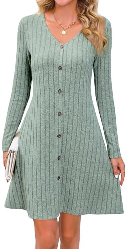 MYCOLORBLUE Kleider für Damen A Linie V-Ausschnitt Langarm Deko Knopf Gestreift Vintage Täglich Midikleid Strickkleider Grün L