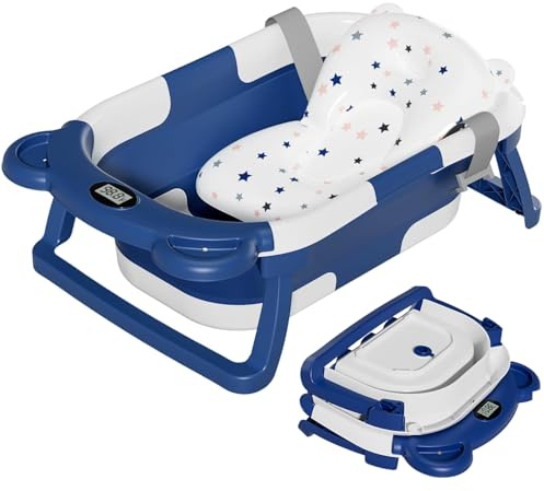 TPN Collapsible Baby Bathtub, Baby Bath Tub with Soft Cushion & Real-Time Thermometer, Baby Bathtub Infant to Toddler Tub (0-36 Months), Portable Newborn Travel Bath Tub