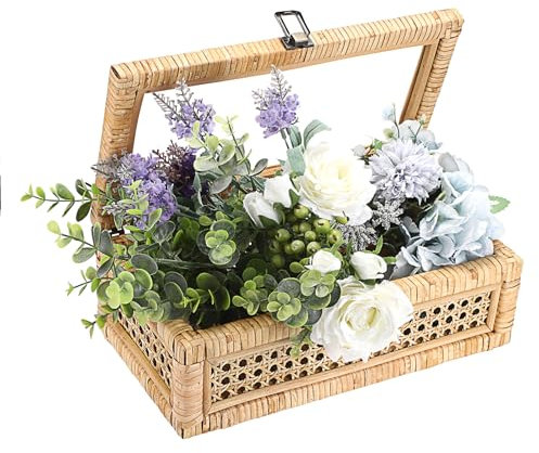 IGNPION Rattan Decorative Box with Lid, Woven Shelf Storage Basket Rectangular Rattan Keepsake Display Box Boho Style Desktop Basket for Home Décor(M)