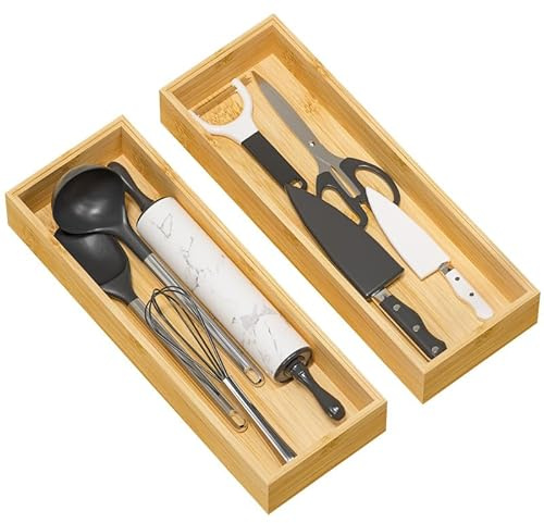 Greatseas Kitchen Drawer Organizer Tray, Stackable Bamboo Deep Drawer Organizer for Large Silverware, Utensils, Cutlery, Flatware,Junk Drawer, Dresser, Bathroom, 17 x 6 x 2.5 (Set of 2)