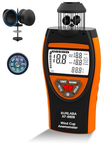 SURLABA Digital Cup Windmesser, Anemometer XF-8806 ±4% Hoher Genauigkeit Wind Gauge Misst MAX/MIN/AVG Windgeschwindigkeit & Temperatur (℃/℉), Wind Meter mit Kompass für Schießen, Segeln, Drohne