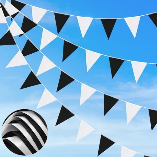 Wimpelkette, 20 m, wasserdicht, Polyester, Dreiecksflaggen, wiederverwendbar, schwarz-weiß, Wimpelkette für Partybanner, Party-Dekorationen, Geburtstag, Outdoor, Garten, 52 Stück