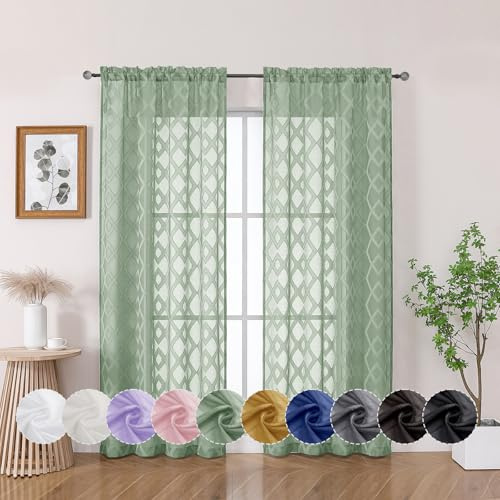 OWENIE Set di 2 pannelli di tende trasparenti in tessuto jacquard a tinta unita, leggere, con clip, motivo geometrico, semi-velate, con doppia tasca per asta, per camera da letto e soggiorno, 106 x