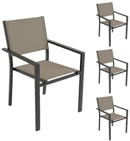 LOLAhome Set de 4 Sillas Thais de Aluminio Grafito y Textileno Topo, Elegantes, Apilables, Ligeras y Resistentes, Tratamiento anticorrosión para Exteriores, de 56x56x86 cm