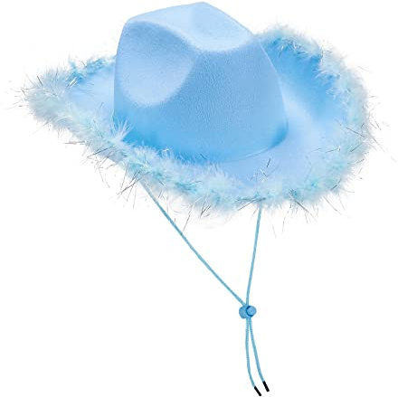 LYSINK cowboyhatt för kvinnor filt fluffig fjäder trim cowgirlhatt brett brätte fin klänning cowgirlhattar för fin klänning damer flickor huvudbonader, Bd Blå, one size