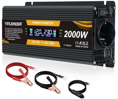 Yinleader Inverter 12 V, 230 V, 1000 W, 2000 W, convertitore di tensione LCD con 2 USB, colore nero