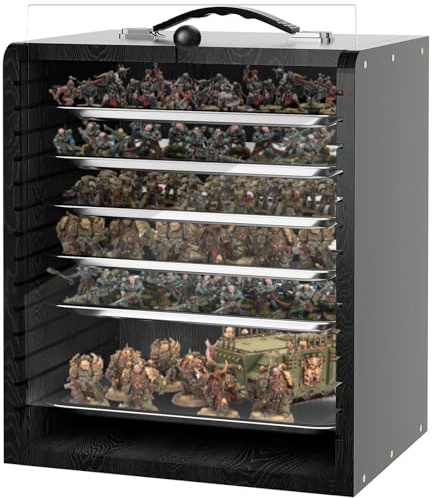 IPEB Miniature Carrying Case with 6 Trays Wooden Miniature Display Case Figures Transport case for Collectibles Miniatures(Black)
