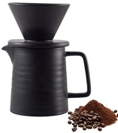 Pasdrucn 500ml Kaffeefilter Porzellan Mit Tasse, Klein Pour Over Kaffeebereiter Mit Keramikbecher, Kaffeekanne Mit Filter, Pour Over Kaffee-Tropfer, Kaffeefilter Wiederverwendbar (Schwarz)
